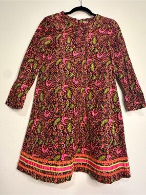 Hartstrings Girls' Floral Pink & Green Long-Sleeve Corduroy Dress. Sz 14.